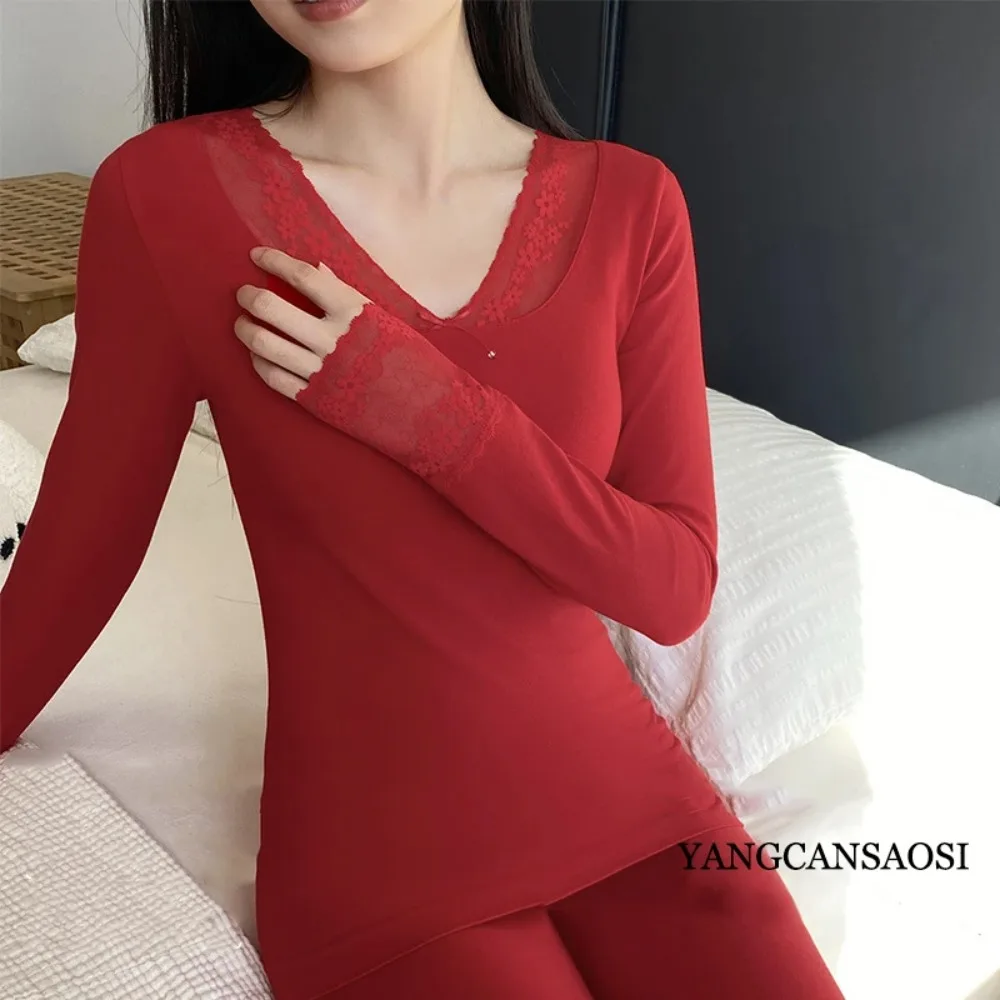 المرأة موضة جديدة بدلة دافئة مرونة عالية غير مقيد الدانتيل الخامس الرقبة مقطوعة القطن بلون الخريف الملابس فستان أطفال مع سروال داخلي