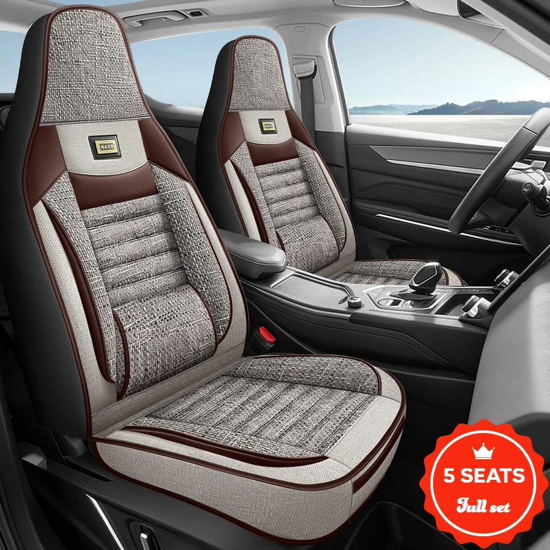 5-Seater Complete Set of Integrated Car Seat Covers, Universal Full Set of Seat Covers, High-End Luxury Upgraded Comfort with Fixed Lumbar Support Design, Fully Enclosed Linen One-Piece Car Seat Covers, Suitable for All Seasons, Wear-Resistant, Durable, Easy to Care For, Suitable for One-Piece Car Seat Covers, Perfectly Compatible with Byd/Tesla/Ev Cars and Other Integrated Seats