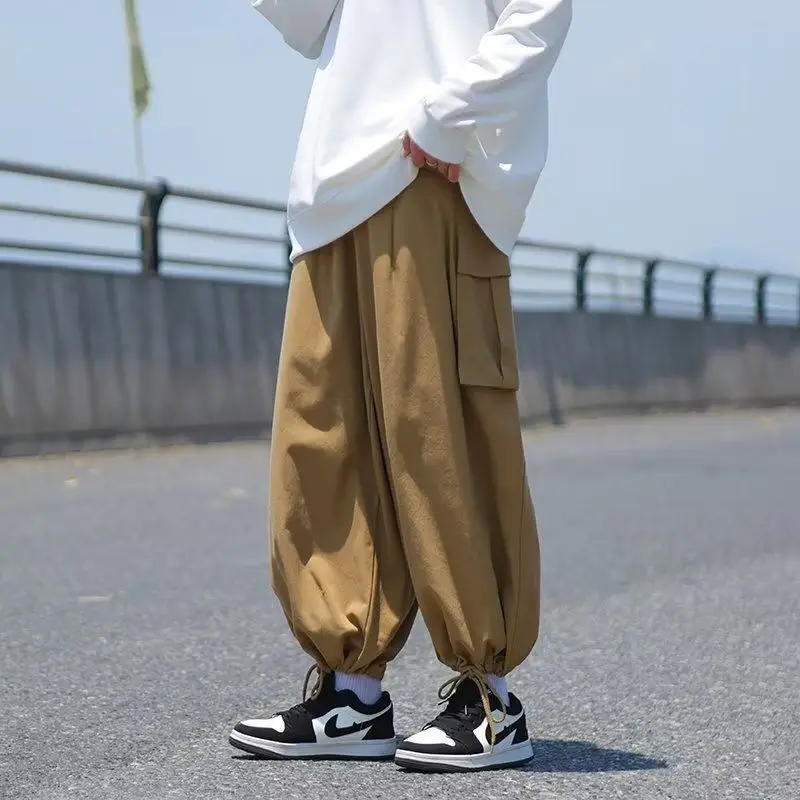 Cotton Japanese Cargo Drawstring Cuff Pants Men's Spring Summer Big Pockets Trousers Loose Leisure Streetwear Trend Bloomers