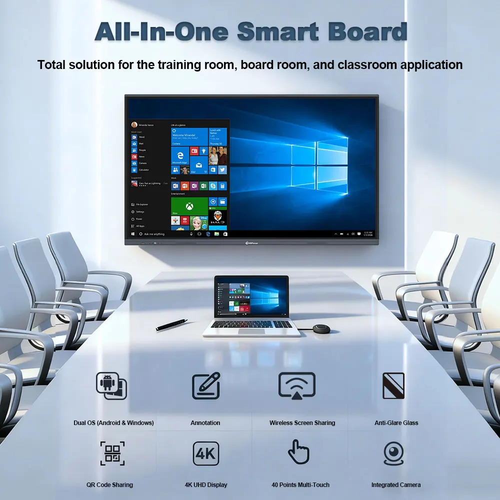For 65/75/86/98 Inch 4K Smart Interactive Whiteboard For Classroom & Campus Use 48MP  40-Touch Points