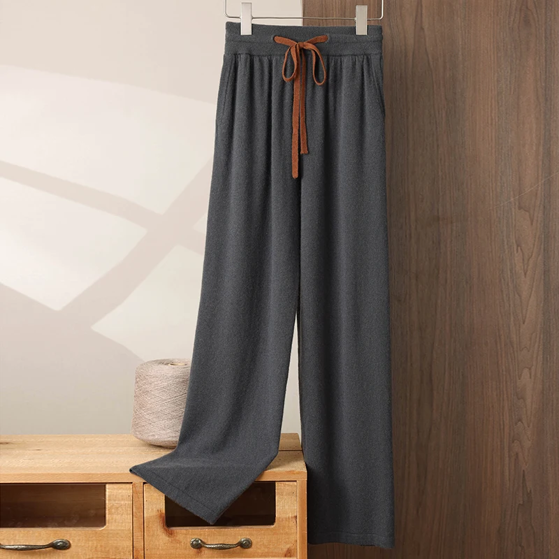 Drawstring Elastic Waist Straight-Leg 100% Cashmere Fashion Casual Long Pants Men Autumn Winter Loose Comfortable Knitted Pants
