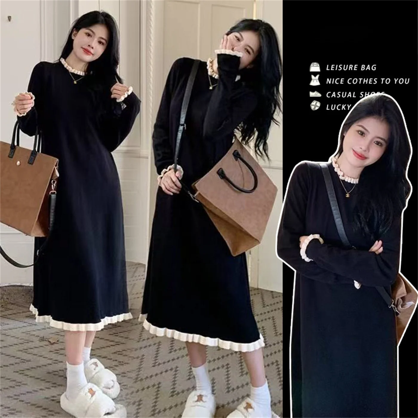 faionable-winter-materni-dr-set-ele-midi-skirt-loose-waist-high-elastici-long-sve-round-ne-knitted-a-line-d