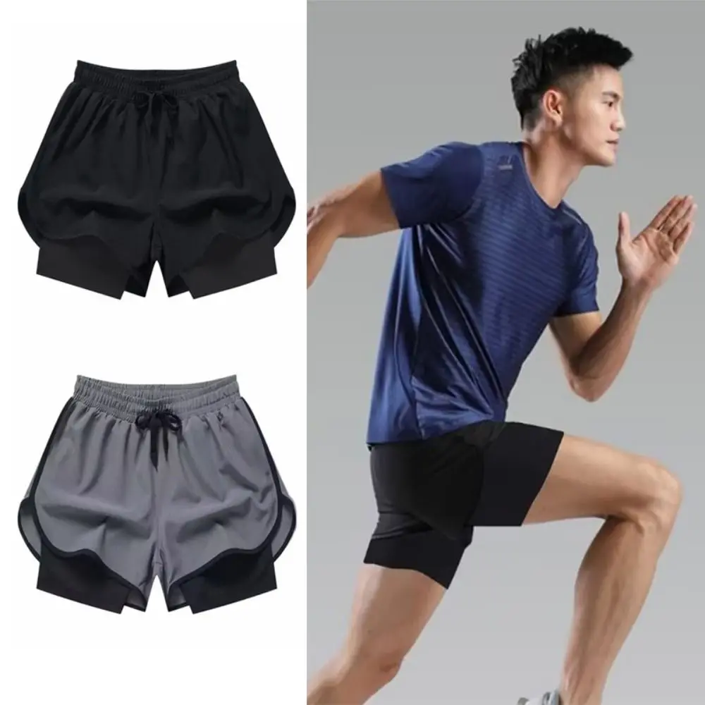 

2 in 1 Men Running Pants Leisure Quick Dry Male Sports Short Pants Simple Quarter Pants Anti-Exposure Men's Jogging Shorts Men