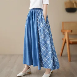 #3042 Summer Denim Blue Plaid A-line Dress Women Vintage Long Skirt Female Loose Pockets Elastic Waist Jeans Skirt Female Thin