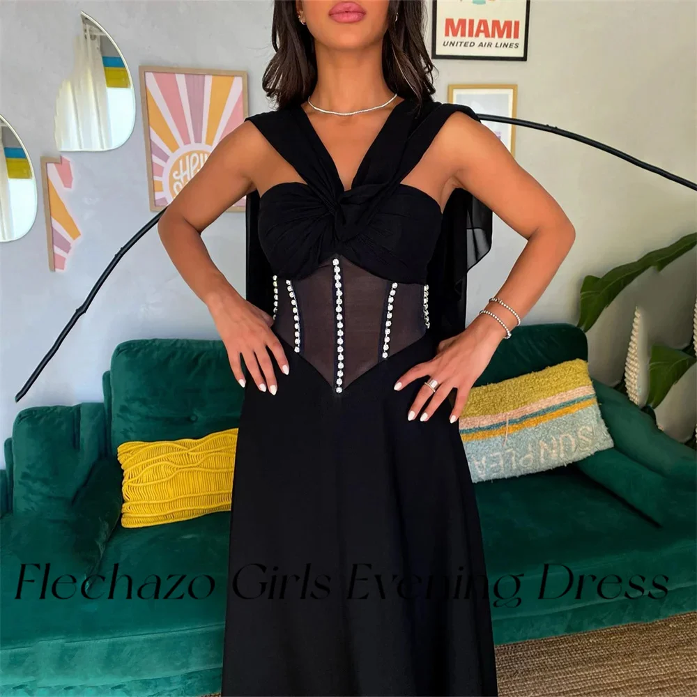 Flechazo-Vestidos de Noche Sin mangas para mujer, ropa de ilusión con cuentas, línea A, Formal, Simple, color negro, 2024