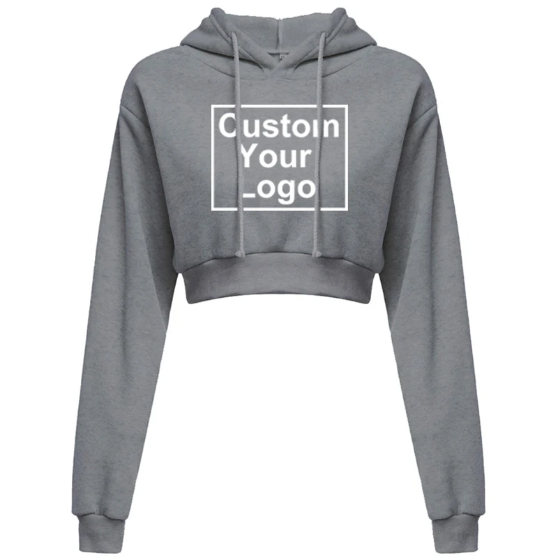 Fashion Women‘s Custom Your Logo Sexy Casual Long Sleeve Hooded Short Sweatshirt Plain Crop Tops Pullover Hooded Sweatshirt