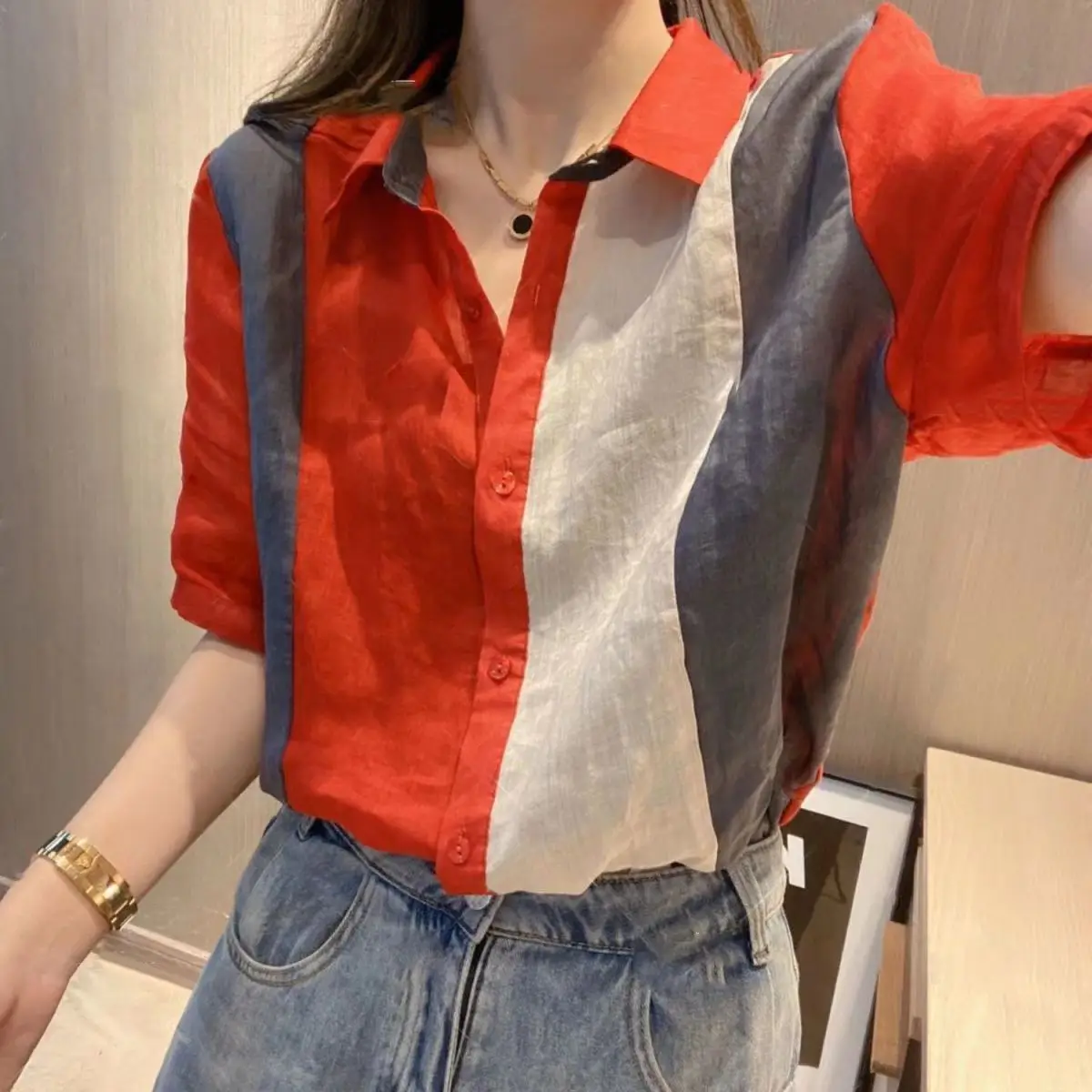 Temperament Splicing Contrasting Color Shirt for Women\'s Summer Age Reducing Loose Slimming Versatile Short Sleeved Chiffon Top