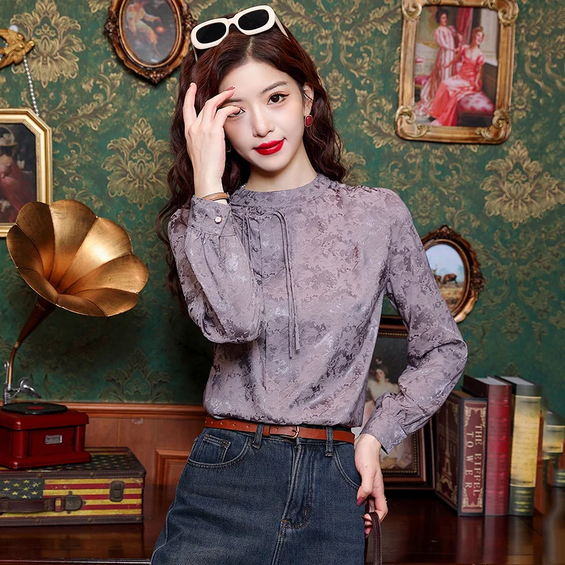 

New Chinese Style Elegant Jacquard Shirt 2024 Spring New Slim Fit Long-sleeved Shirt Top Casual Women's Wear