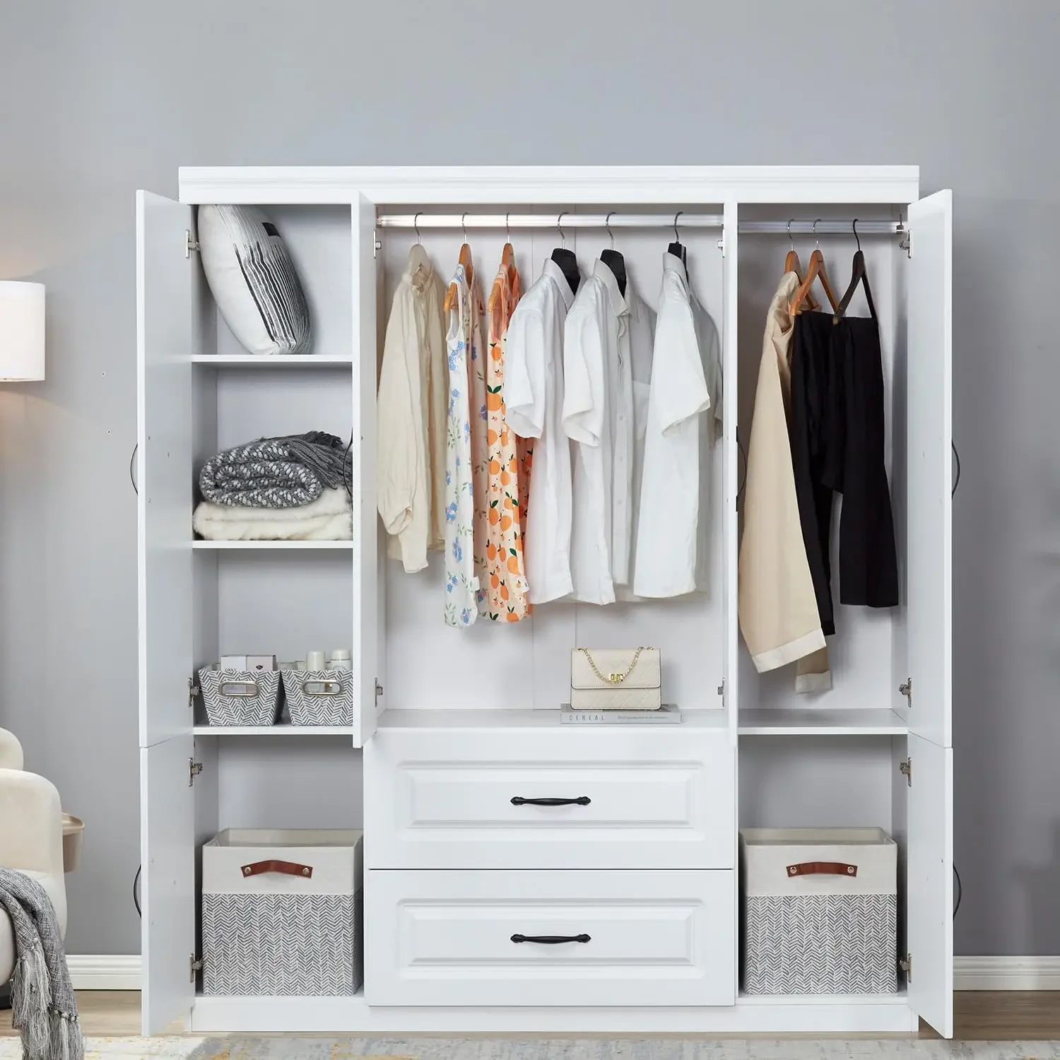 Closet Wardrobe with 4 Doors 2 Drawers White Armoire Wardrobe Closets Freestanding Bedroom Wardrobe Cabinet home furniture