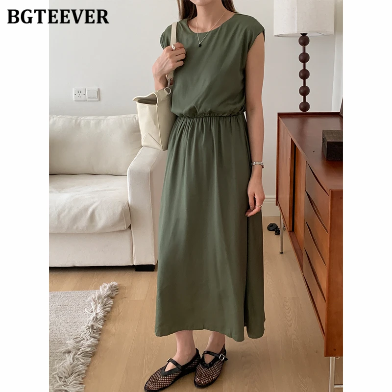 

BGTEEVER Summer O-neck Female A-line Dress Vintage Cotton Slim Waist Vest Dress for Women