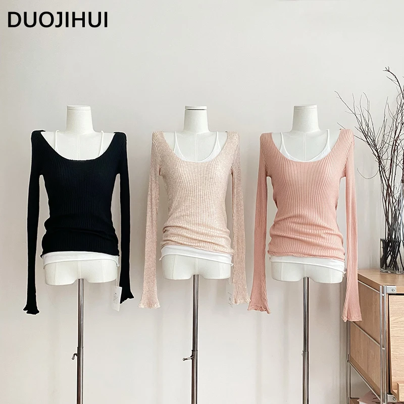 DUOJIHUI Fake Two Piece Sexy Chic Neck Female Pullovers Autumn Basic Long Sleeve Fashion Simple Casual 3-colors Women Pullovers