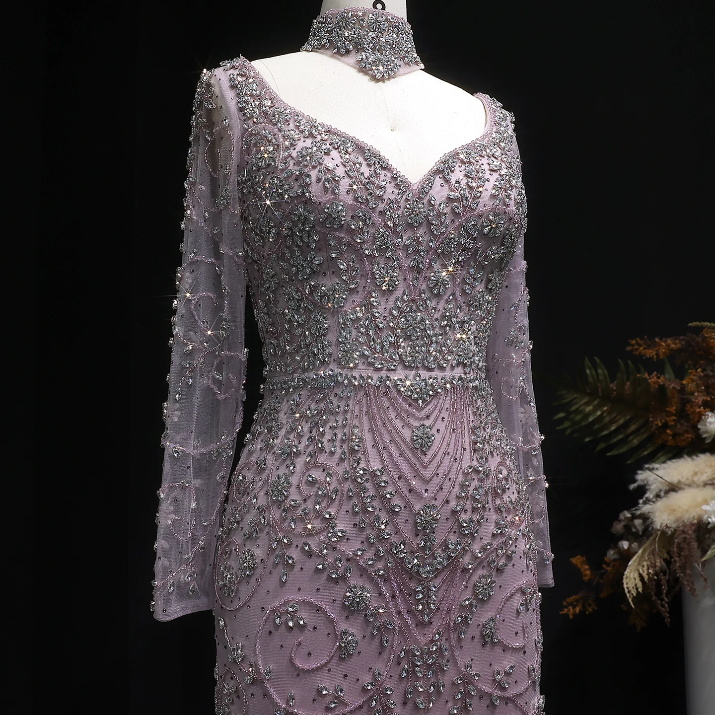 Sharon Said Luxuriöses Arabisches Dubai Rosa Meerjungfrauenkleid mit Langen Ärmeln, Perlenbesetztes Formelles Abendkleid für Hochzeit, Party, Ball, SS181 Maßanfertigung – Detail 11