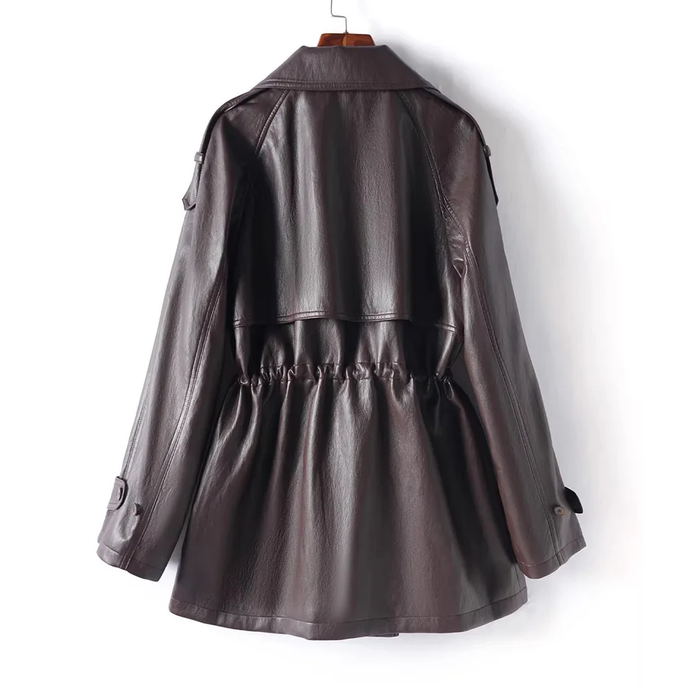 New Women Split Leather Trench Coat Spring Autumn Fashion Turn-down Collar Double Breasted Slim Waist Coat Casual Leather Trench view 2