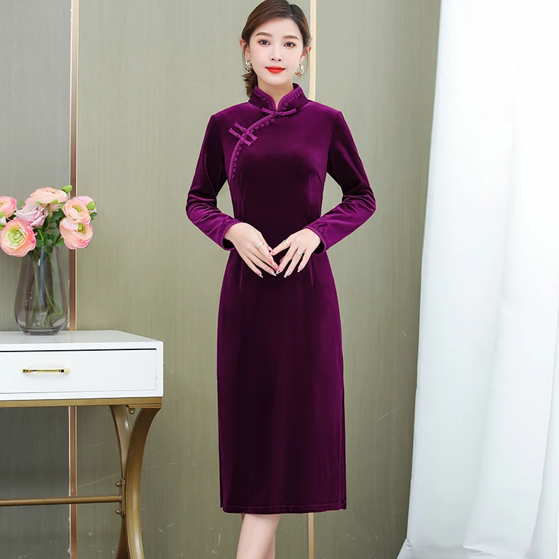 Elegantes Cheongsam-Samt kleid im chinesischen Stil Damen Vintage schlanke Langarm-Velours kleider 6xl 5xl plus Größe Retro Midi Vestidos