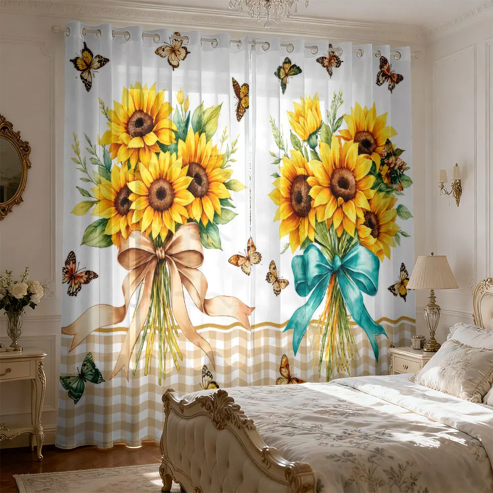 2pcs watercolor sunflower bouquet butterfly plaid curtain for living room and bedroom