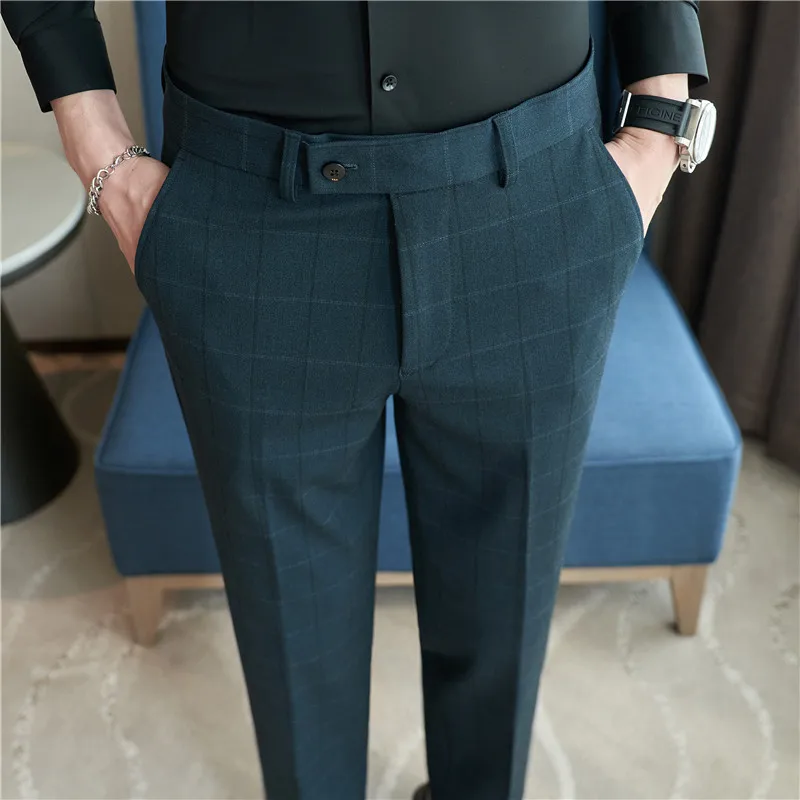 2026 Classic Men's Slim Fit Plaid Striped Casual Pants Fashion Business Slim Fit Suit Pants Formal Groom Wedding Dress Trousers
