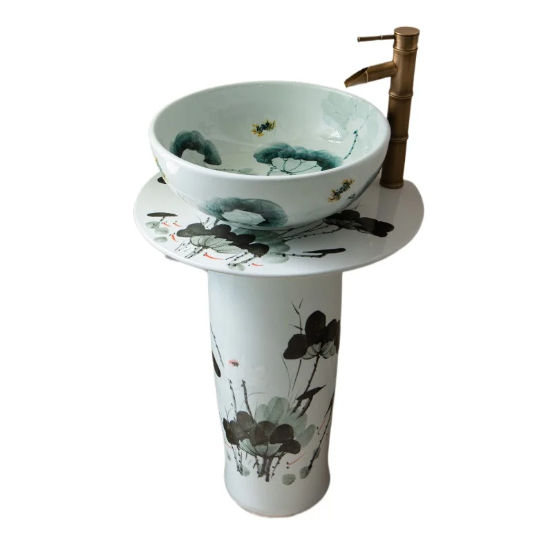 

Креативная керамическая раковина для небольшой квартиры, балкона, чайной комнаты, отдельно стоящая китайская раковина-тумба.