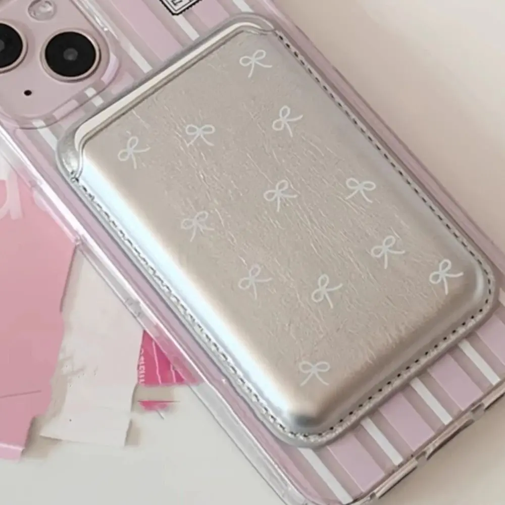 Bow Magnetic Card Clip Dustproof Leather Wallet Card Holder Anti-Fingerprint Phone Case for iPhone 15 Pro Max