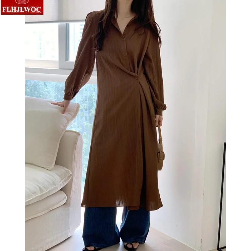 ゆったりとしたローブドレス、シックな韓国風、フェミニンなワンピース、女性用長袖カジュアルレトロヴィンテージ、ラップアップボタンシャツドレス