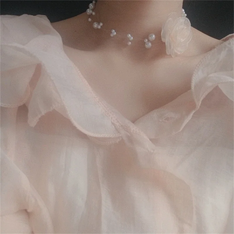 Gargantilha de renda pérola com flor rosa, clavícula, colar vintage, gargantilha de camélia, gótica