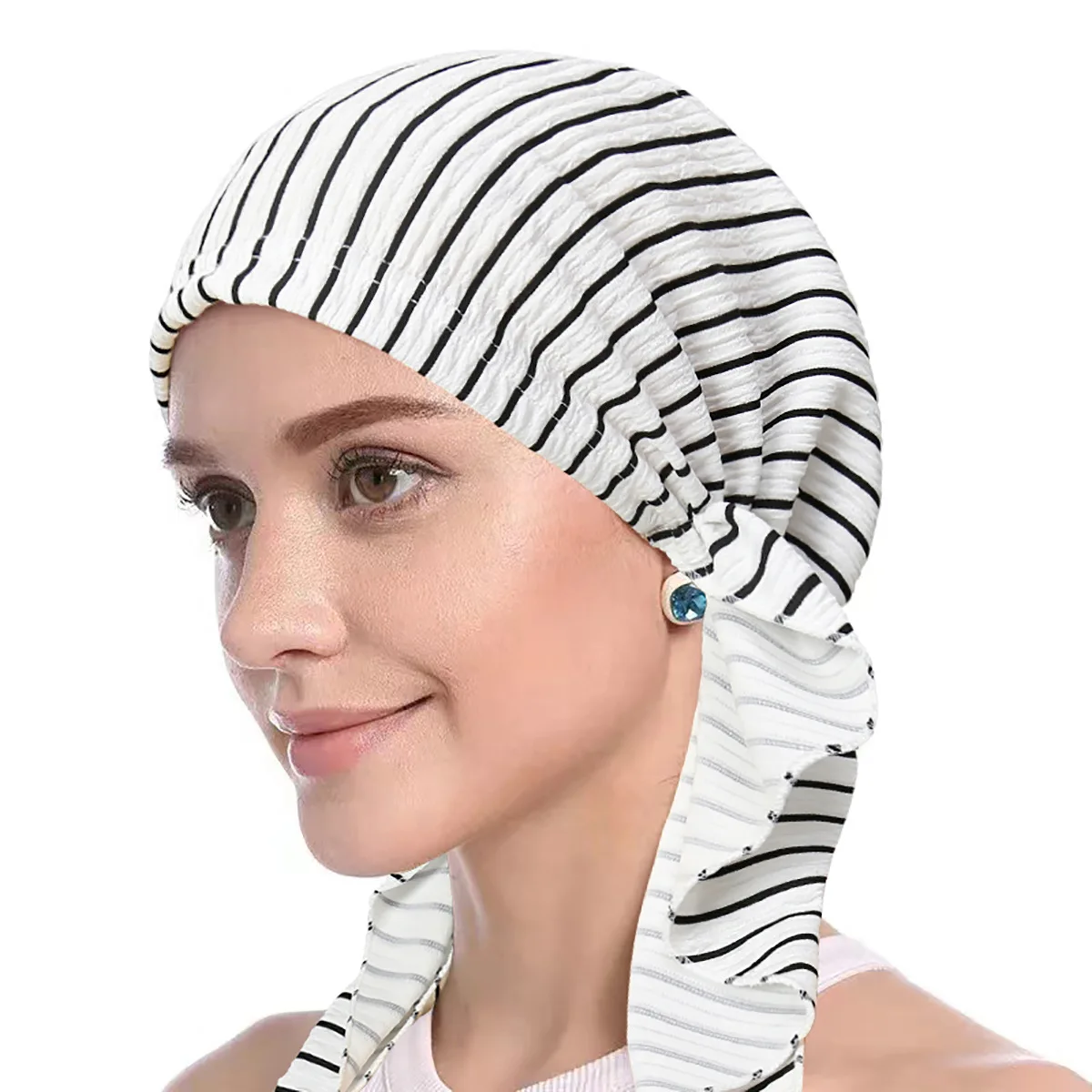 

Fashion Women Striped Headwear Bonnet Party Islamic Elastic Turban Pullover Hat Muslim Hijab Inner Pre-Tie Headwraps Cap