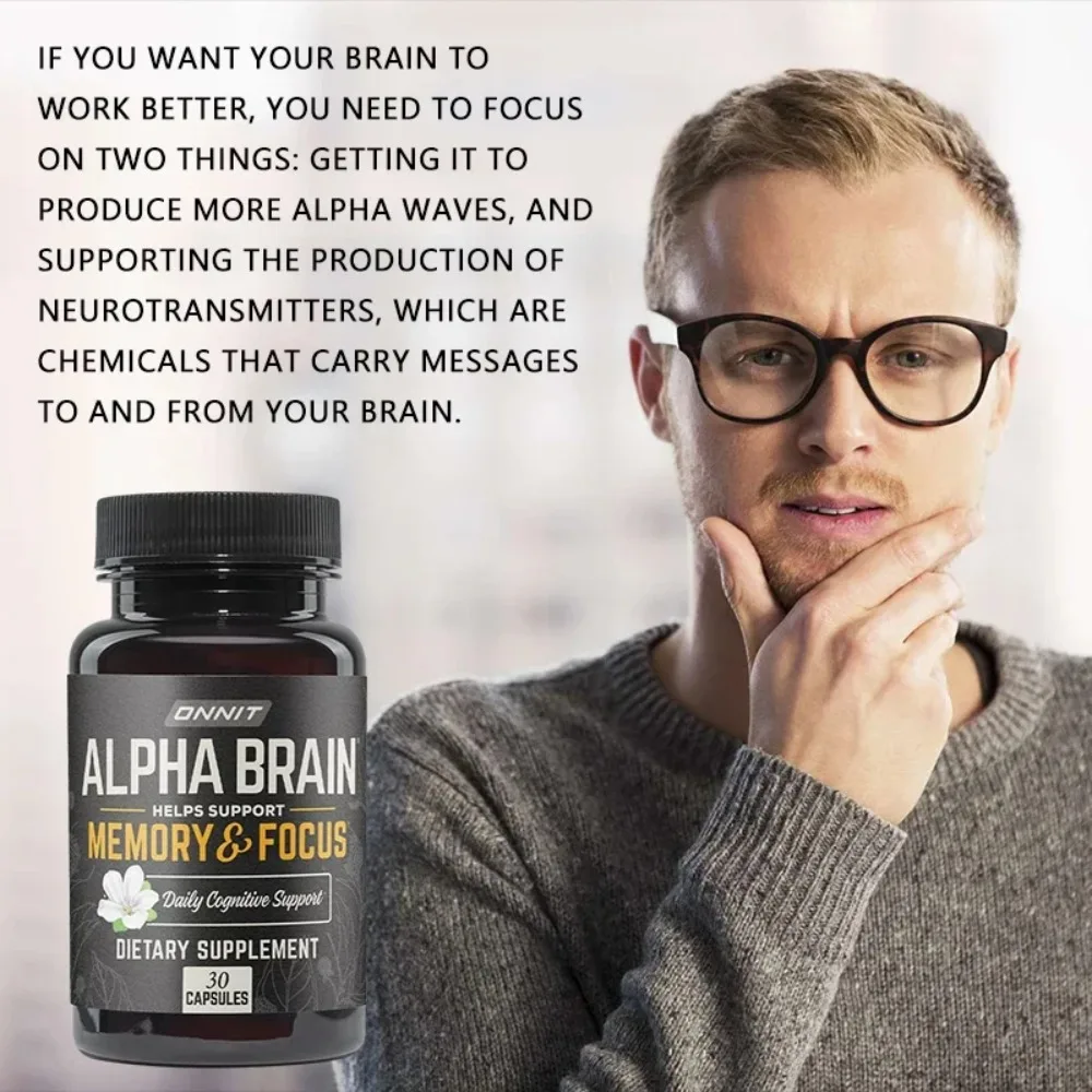 Alpha Brain Supplement for Focus, Memory, Mental Clarity, Cognitive Support with L-Theanine and Vitamin B6, 30 Count Capsules