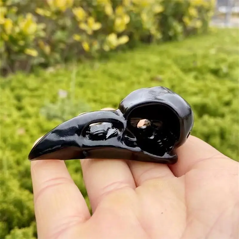 Natural Black Obsidian Crow Skull Crystal Carved Reiki Healing Gemstone Figurine Crafts Home Decor Ornament Gift 1PCS