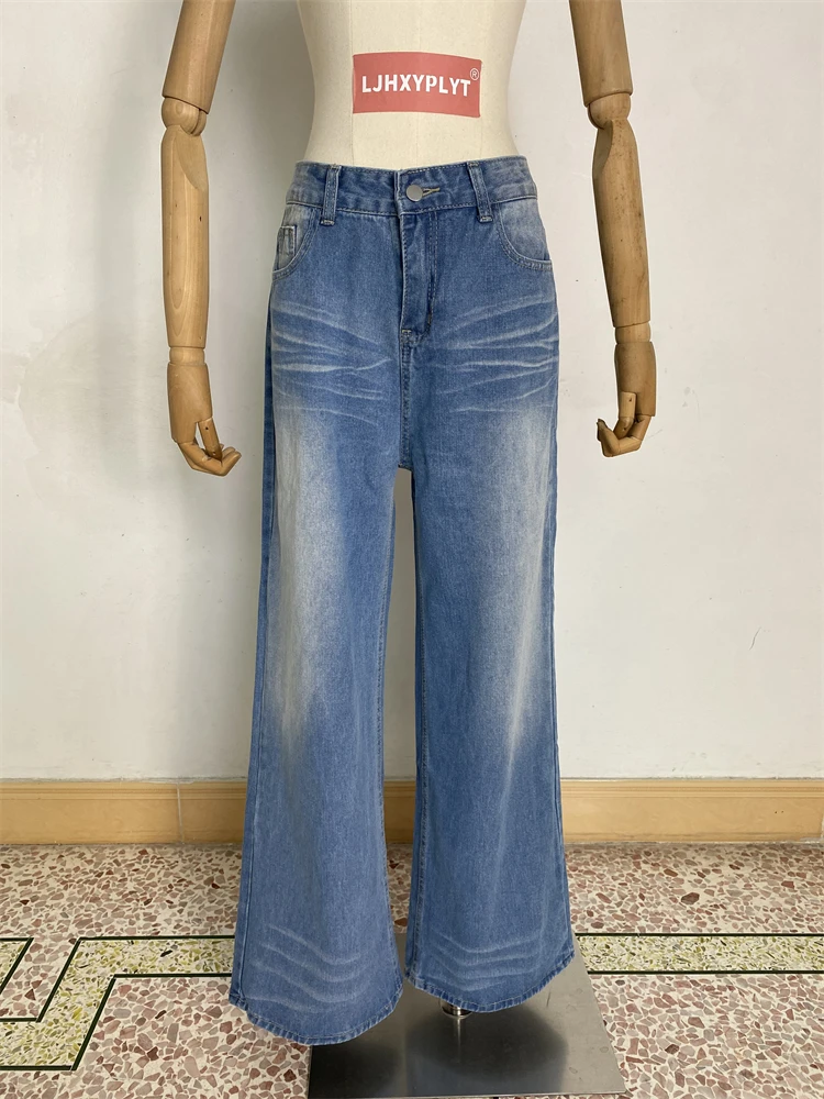 

Women's Crease Pattern Large Size Jeans High Waist Wide Legs Trousers Cool Girl Casual Bottoms Female Summer Solid Color Pants