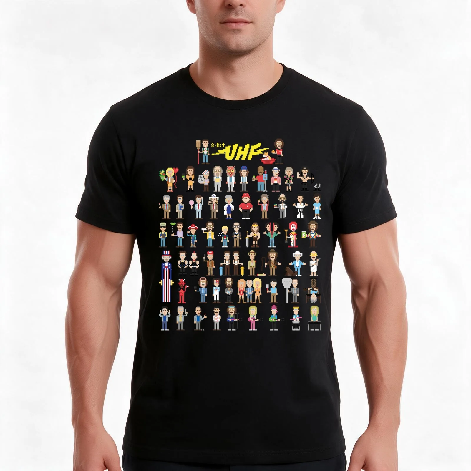 8-Bit UHF T-Shirt, Summer Casual Cotton Tee, Oversized Streetwear Tops, Vintage Graphic Print, Loose Fit Short Sleeve