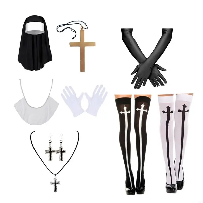 Women Cosplay Nun Accessories Halloween Nun Role Play Outfit Include Nun Headpiece Necklace Collar Stocking for Cosplay