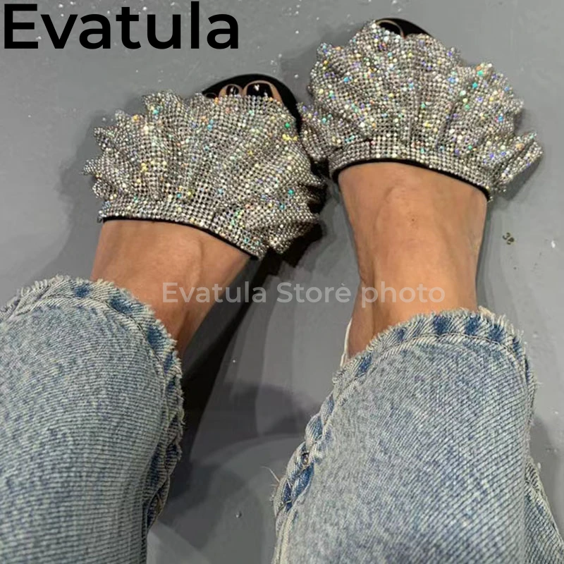 Blingbling Crystal Slippers Women Open Toe Rhinestone Pleated Flats Mules Ladies Summer Fashion Party Dress Slides Shoes Female