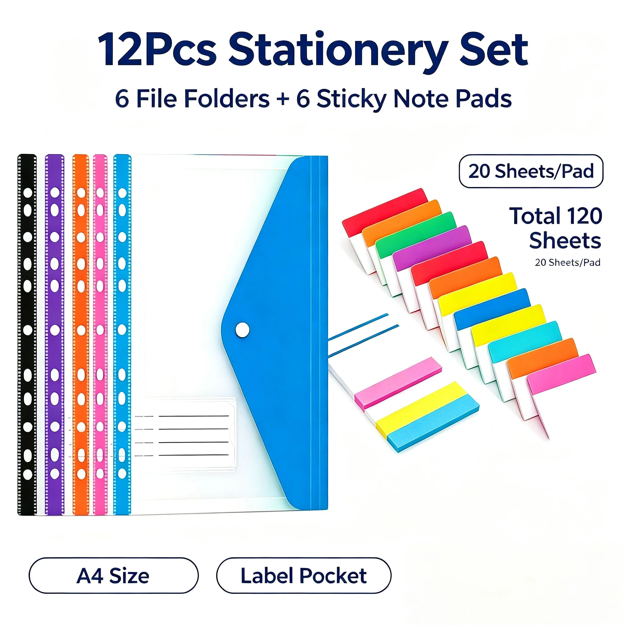 12Pcs Set:6 A4 Clear File Folders w/ Label Pocket+6 Notepads, Random Stackable Pouch, School Office Organizer for Docs Drawing