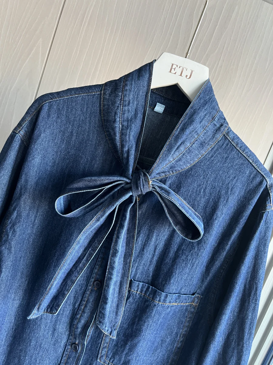 TRF Butterfly Bow Denim Shirt for Women traf 2024 New Fashion Soft Tied Design and Long Sleeve Casual Shirt