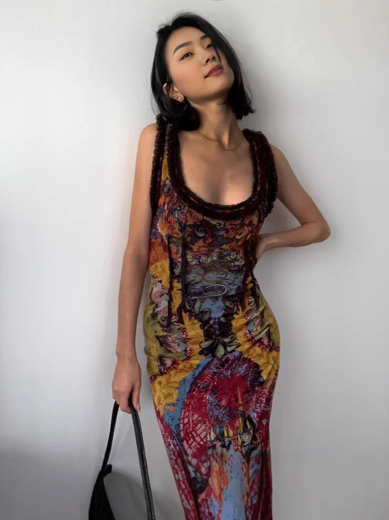 Women's Vintage Oil Painting Print Bodycon Dress Sexy Backless Cut-out Maxi Skirt Slim Fit Slip Dress
