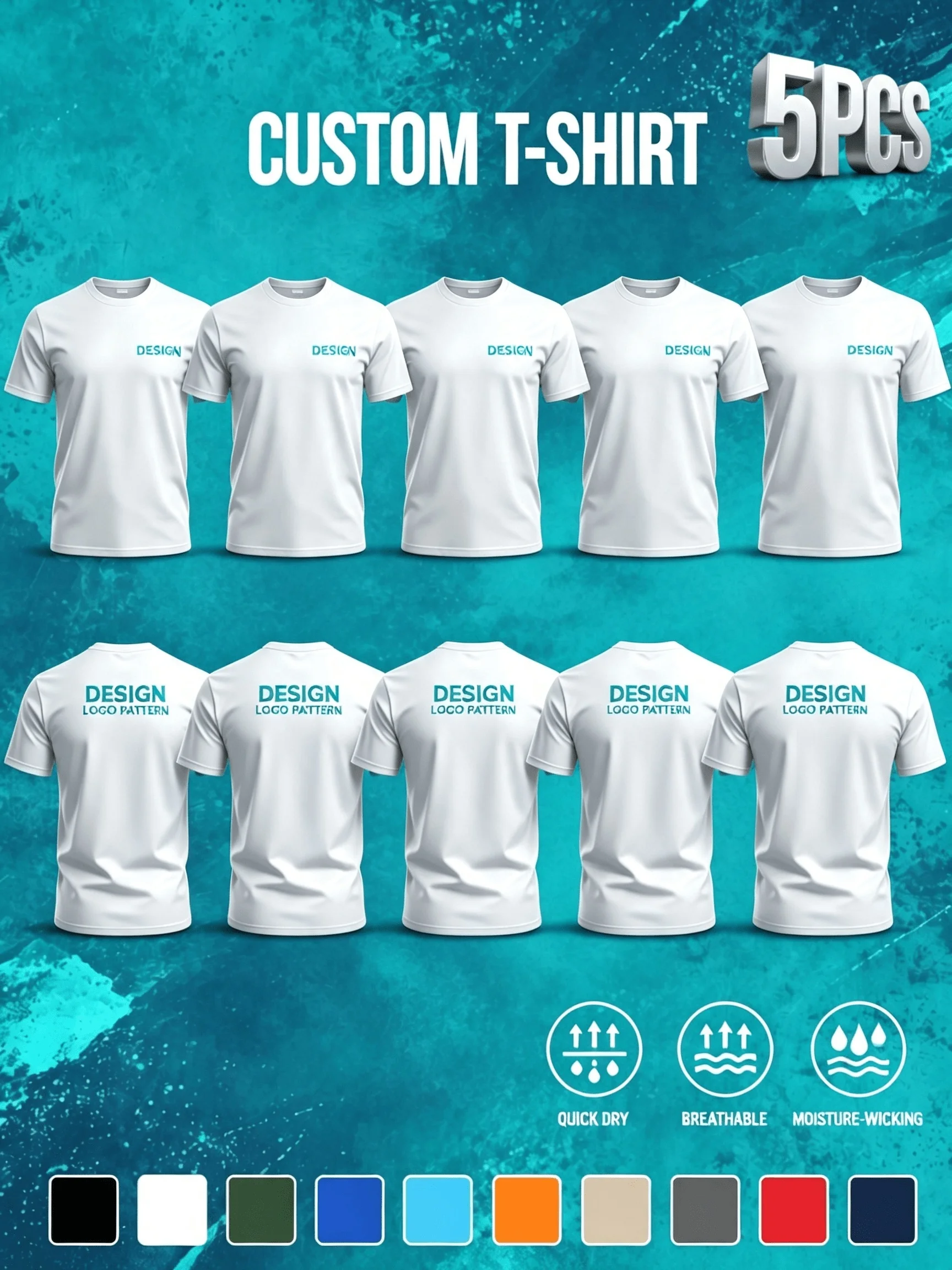 [5pcs Set] Men'S Custom Casual Sports T-Shirts, Customizable with Patterns/Photos/Logos/Emblems, Suitable for Fitness/Running