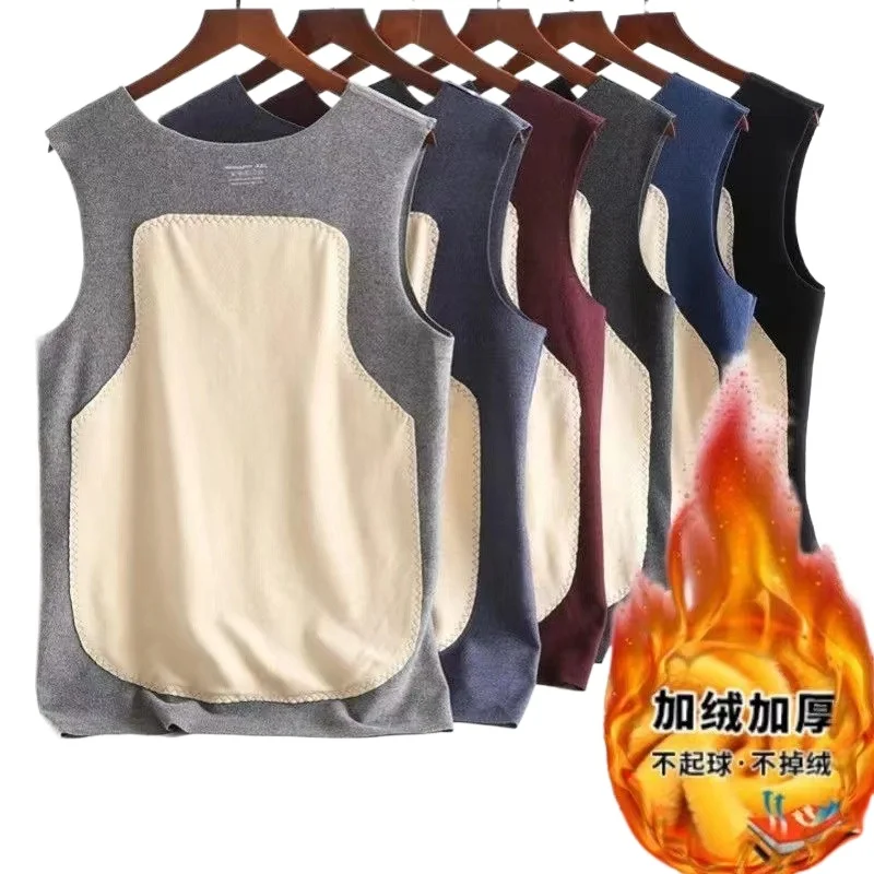Men Double-sided Fleece Thermal Tank Top with Patch Warm Belly Back Sleeveless Vest Big Size Comfy Seamless V Neck Undershirt