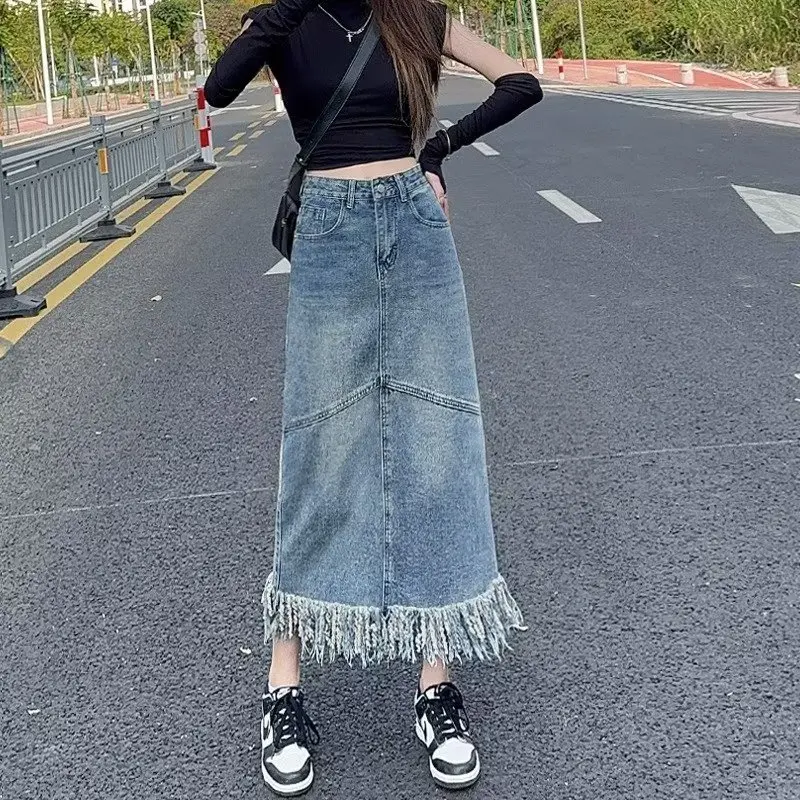 Korean Style Denim Skirt Women's Blue High Waist Long A-line Skirt Design Sense Niche Hip Burrs Rough Edges Skirt