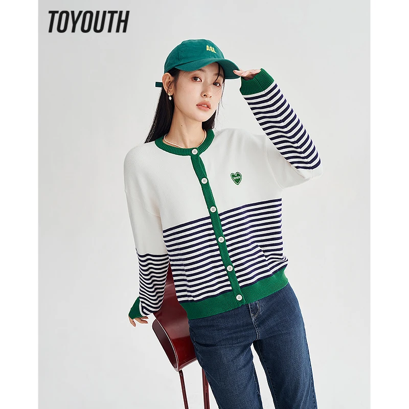 

Toyouth Women Knit Cardigan 2023 Spring Long Sleeves O Neck Loose Sweaters with Button Classic Stripe Soft Casual Chic Tops