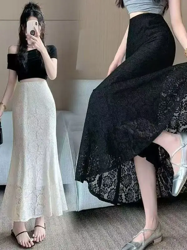 Fashionable Lace High Waist A-Line  Skirt Women's Slimming Sexy Pure Desire Spring Summer Early Autumn Long Skirt