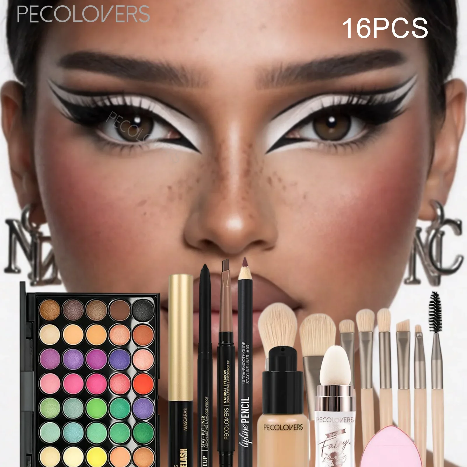 16 Pcs Foundation, Eyeshadow Palette, Eyebrow & Eyeliner Pen, Mascara, Lip Liner, Highlight Powder, Makeup Sponge & Brushes