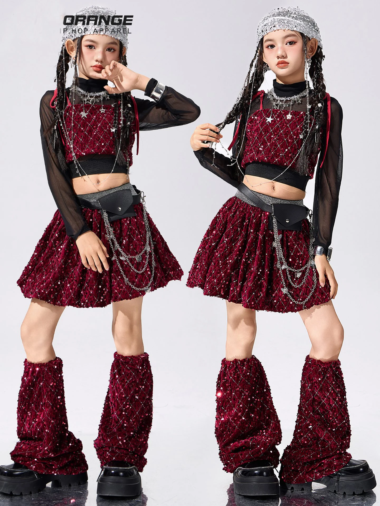 

Костюм черлидинга для джазовых танцев для девочек, жилет с блестками, юбка с рукавами до икры, Kpop, одежда для современных танцев, сценическая одежда BL18099