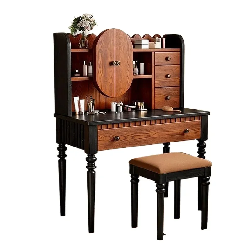 Solid Wood Dresser Makeup Table for Master Bedroom Small Apartment French American Retro Style Medium Antique Foldable Mirror