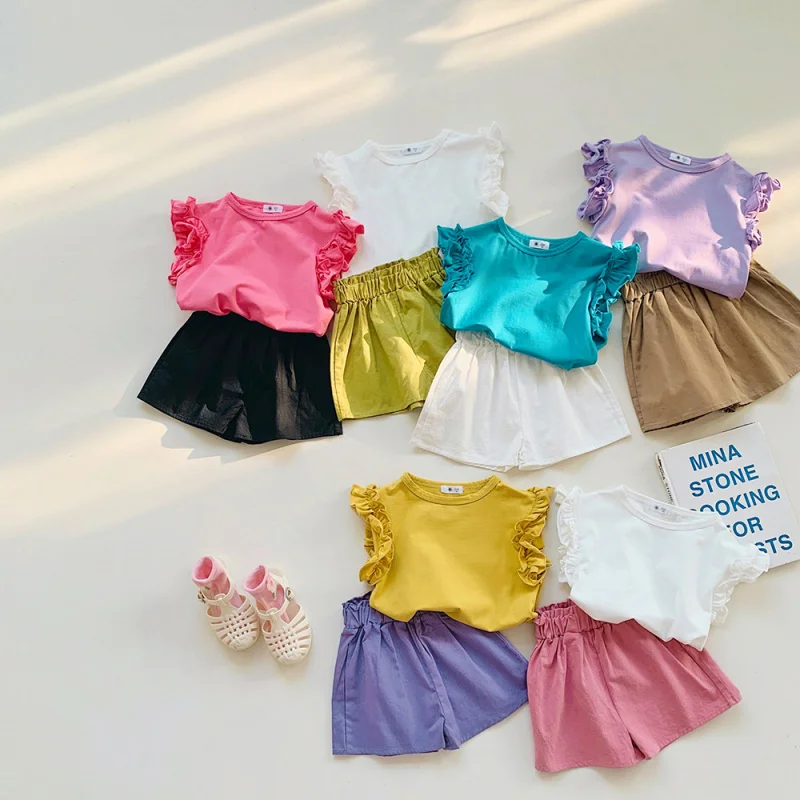 XTY-Girls' Summer New Flying Sleeves Short SleeveTT-shirt with Bud Shaped Waist Shorts Two-Piece Set Candy Color Fresh Set