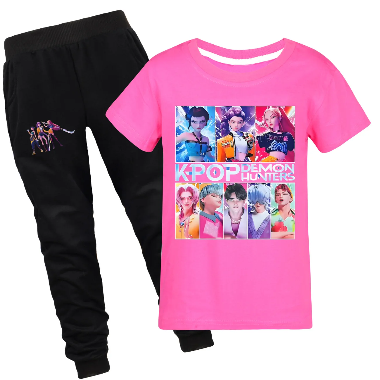 

Kpop Demon Hunters, летний детский спортивный костюм для мальчиков и девочек, топы с короткими рукавами + штаны, комплект из двух предметов, детский подарок на день рождения, наряды