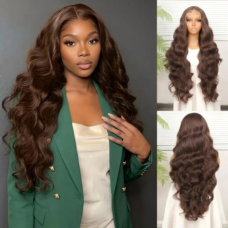 28 Inch Chestnut Brown Body Wave Synthetic Lace Front Wig, 300g Weight, 21-23 Inch Adjustable Cap, Can Be Trimmed, Combed