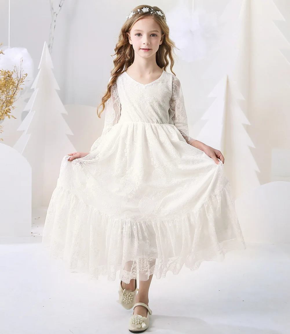 2-12 Year Flower Girl Dresses White Beige Long Sleeve Summer Dress Communion Toddler Kids Christening Wedding Bridesmaid Clothes