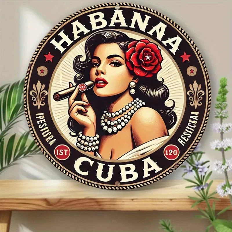لوحة فنية جدارية معدنية مستديرة عتيقة "Havana Cigar Beauty" مسطحة ثنائية الأبعاد - لافتة قصدير ألومنيوم مقاس 8 × 8 بوصة، مناسبة للمنزل والمرآب والمقهى #4