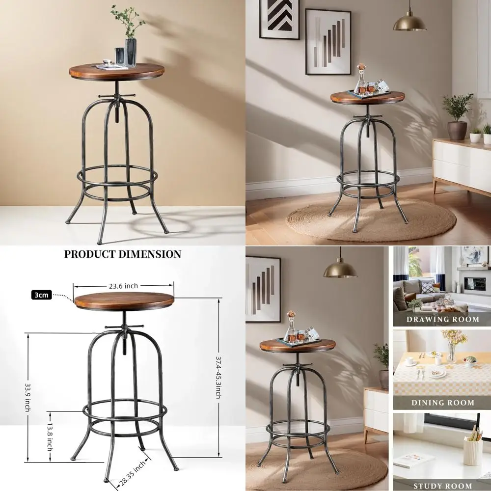 Rustic Bar Table Vintage Bistro Table Industrial Pub Table for Kitchen Coffee House Office Computer Desk Swivel Round Wooden Top