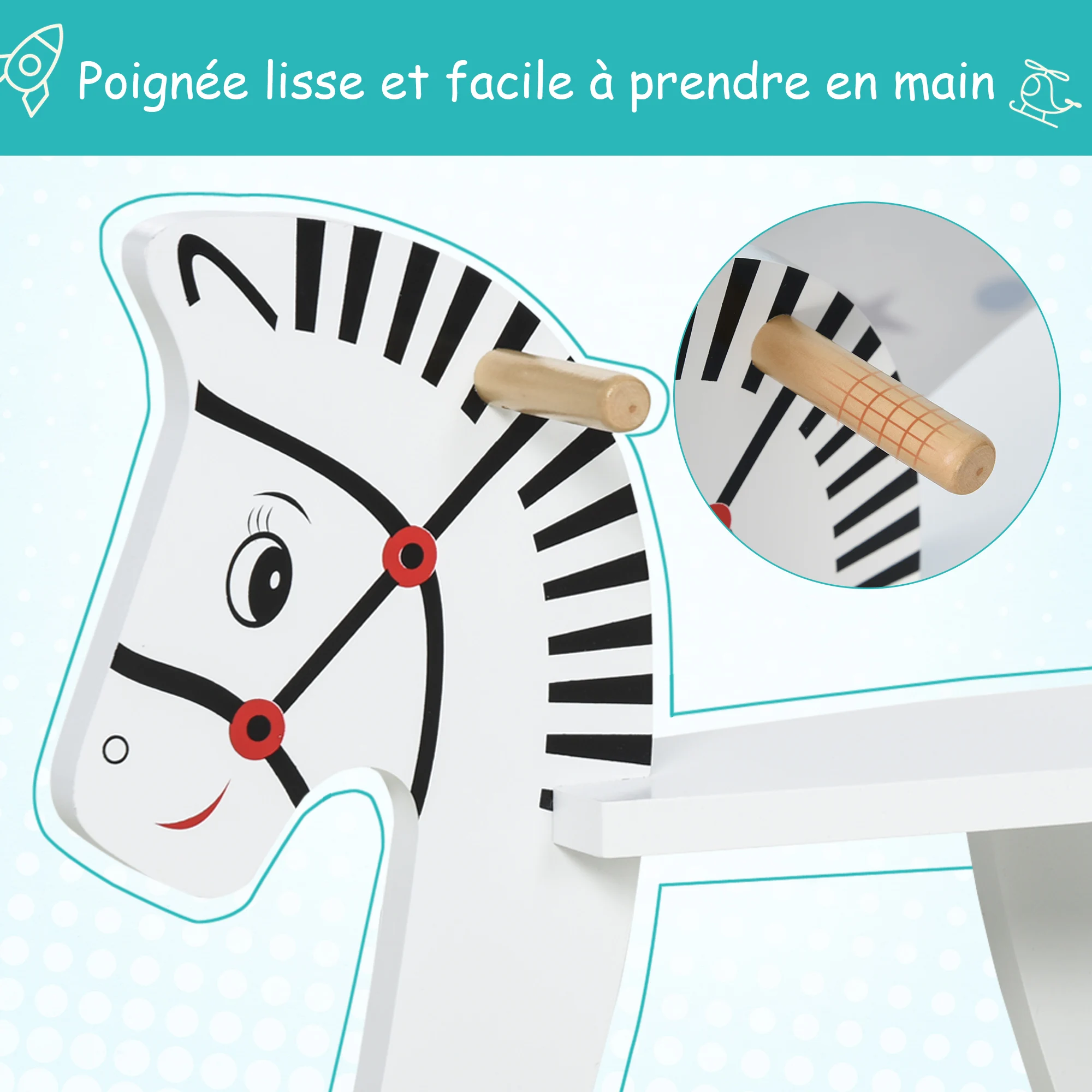 Imagen 7: HOMCOM Juego de equilibrio de madera de cebra con forma de caballo, reposapiés de madera, asas y anillo de seguridad
