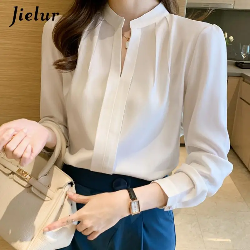 Jielur Spring Women White Chiffon Shirt Women Tops Long Sleeve V-Neck Blouse Women Blusas Mujer De Moda 2022 Shirts Blouses